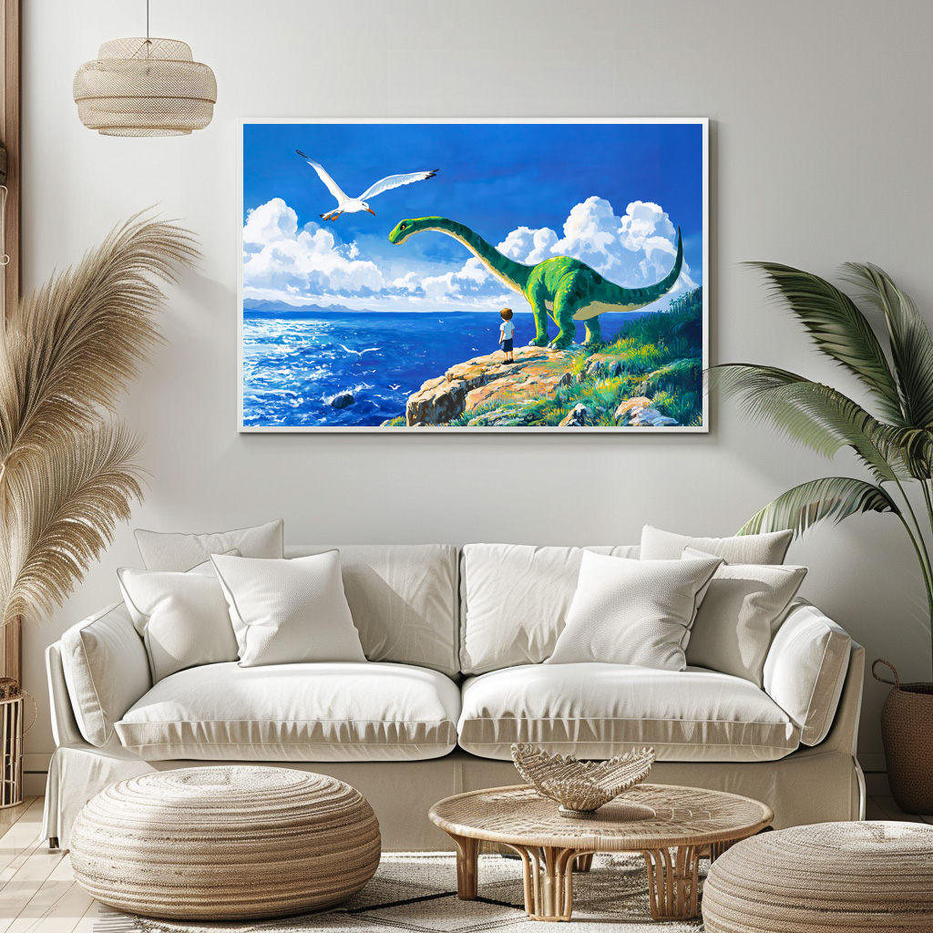 Poster: Anime boy and Brachiosaurus overlooking sea – Image 2