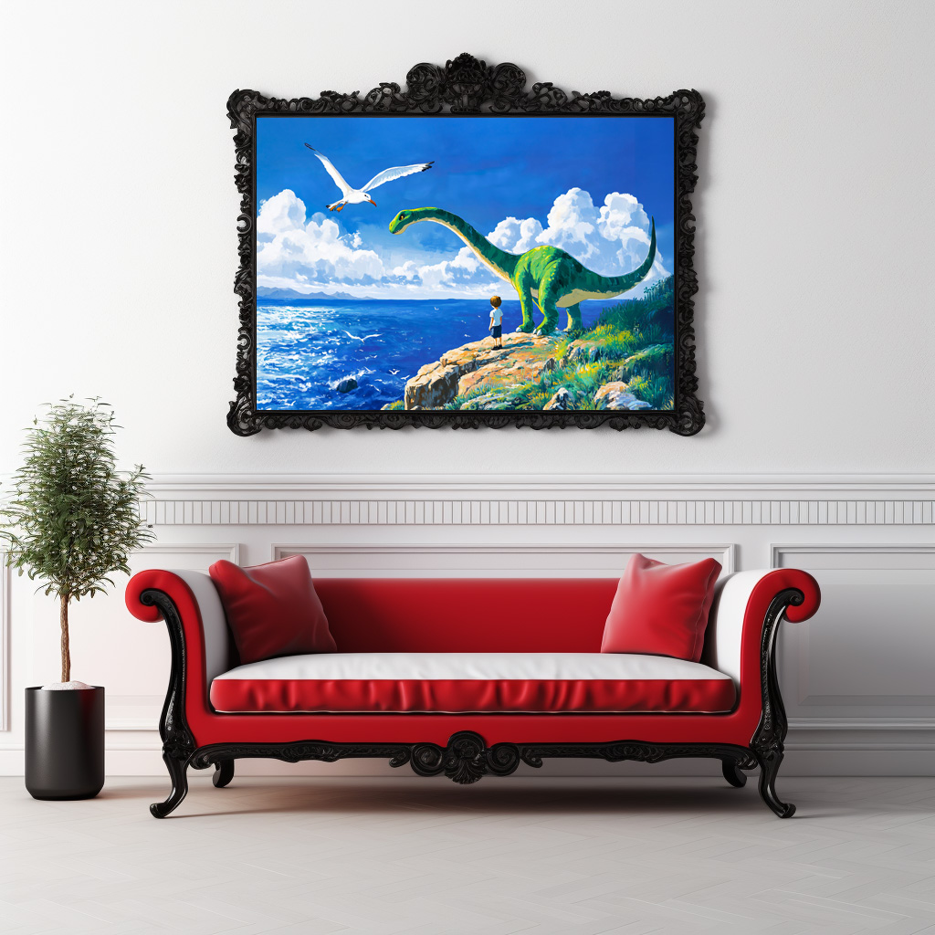 Poster: Anime boy and Brachiosaurus overlooking sea – Image 3