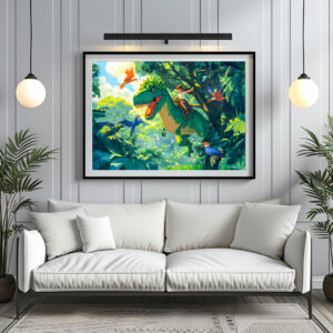 Poster: Anime boy riding T-Rex in jungle and birds