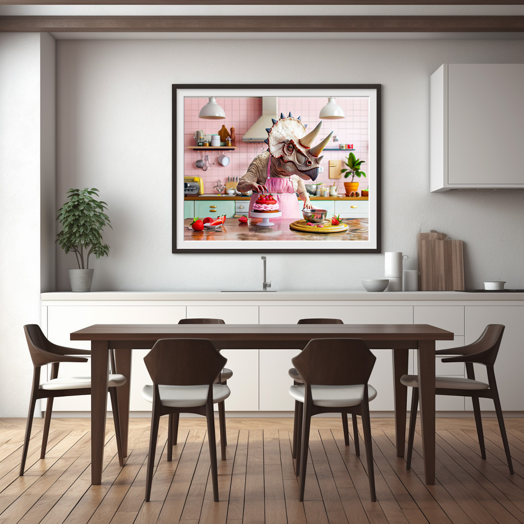 Poster: Dinosaur Baking Cake in Retro Kitchen - Image 2