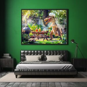 Poster: Dinosaur Chef at a Garden BBQ
