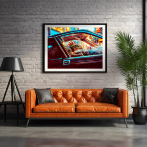 Poster: Urban Dino Driving Through Neon City