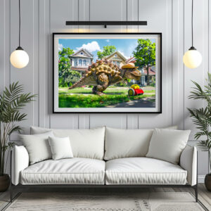 Poster: Dinosaur Mowing Lawn in Suburbia