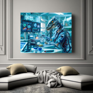 Poster: Cyborg Dinosaur at a High-Tech Workstation