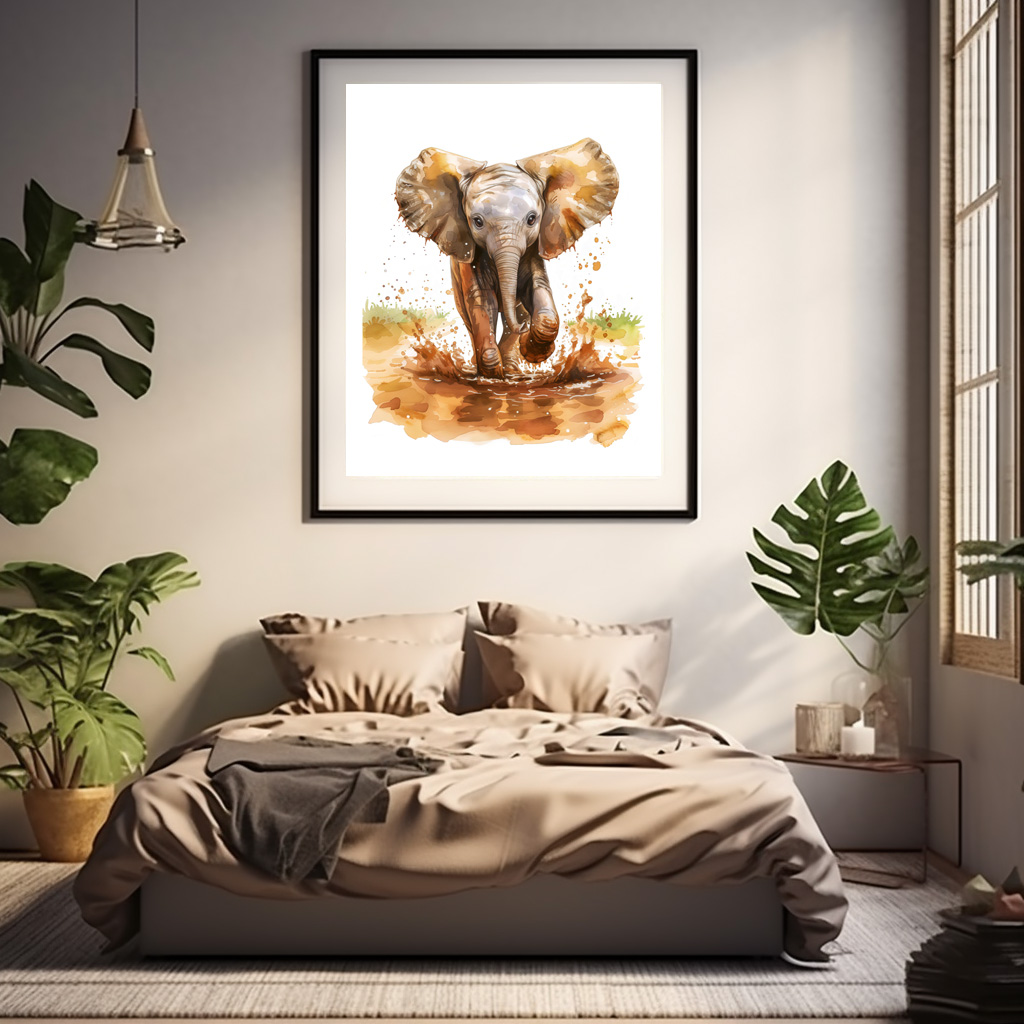 Poster: Watercolor painting of baby elephant splashing mud