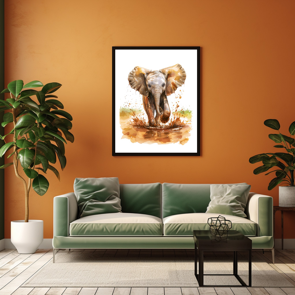 Poster: Watercolor painting of baby elephant splashing mud – Image 2