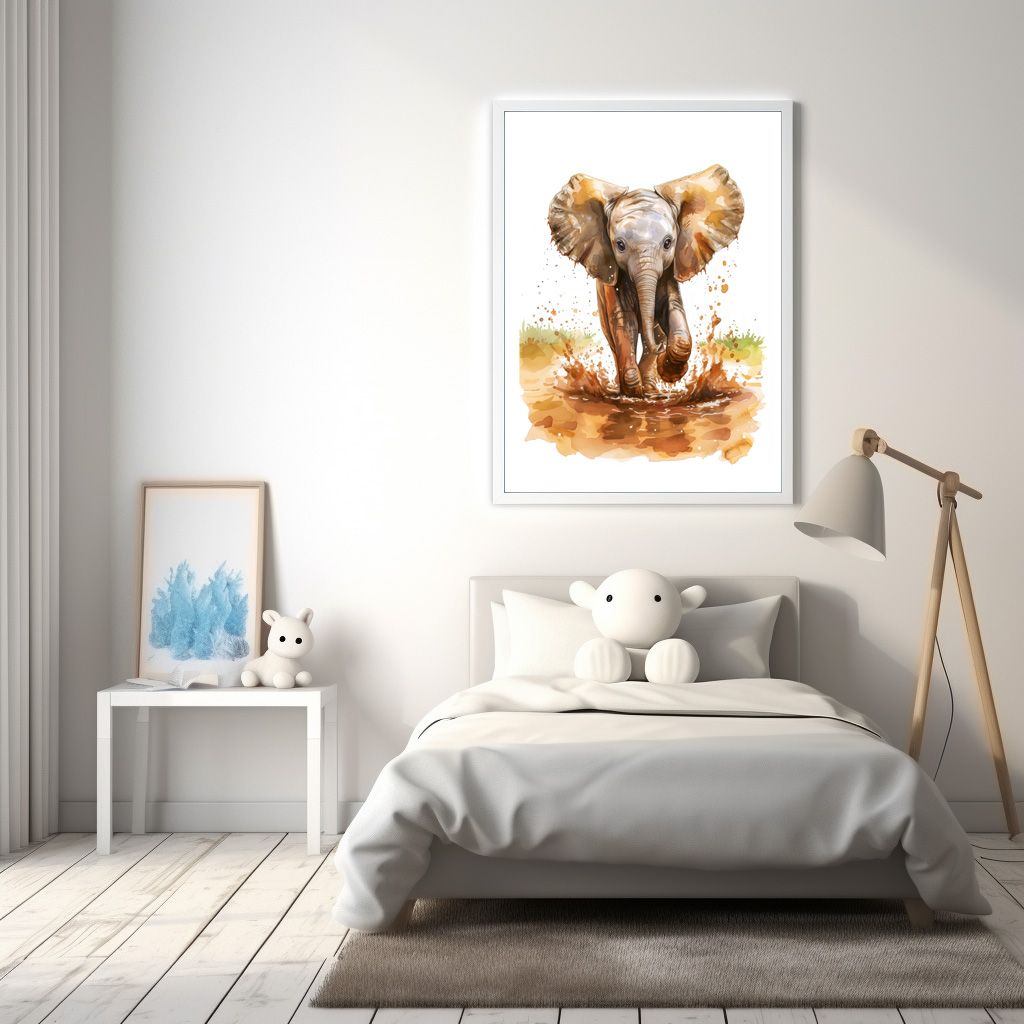 Poster: Watercolor painting of baby elephant splashing mud – Image 3