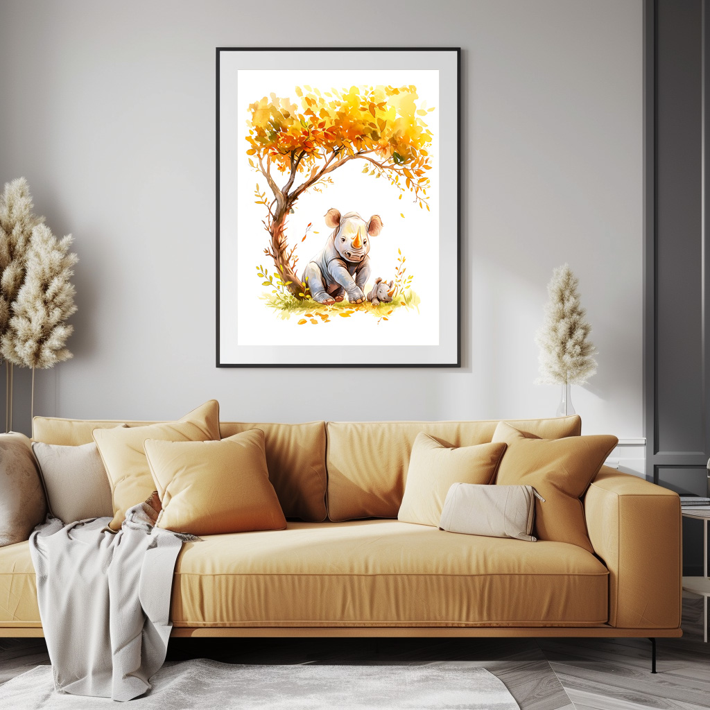 Poster: Baby Rhino Resting Under a Tree