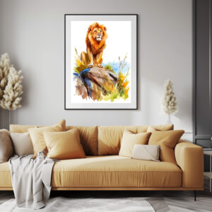 Poster: Watercolor painting of lion sitting on a rock