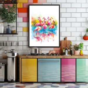 Poster: Watercolor painting of flamingos in a pond