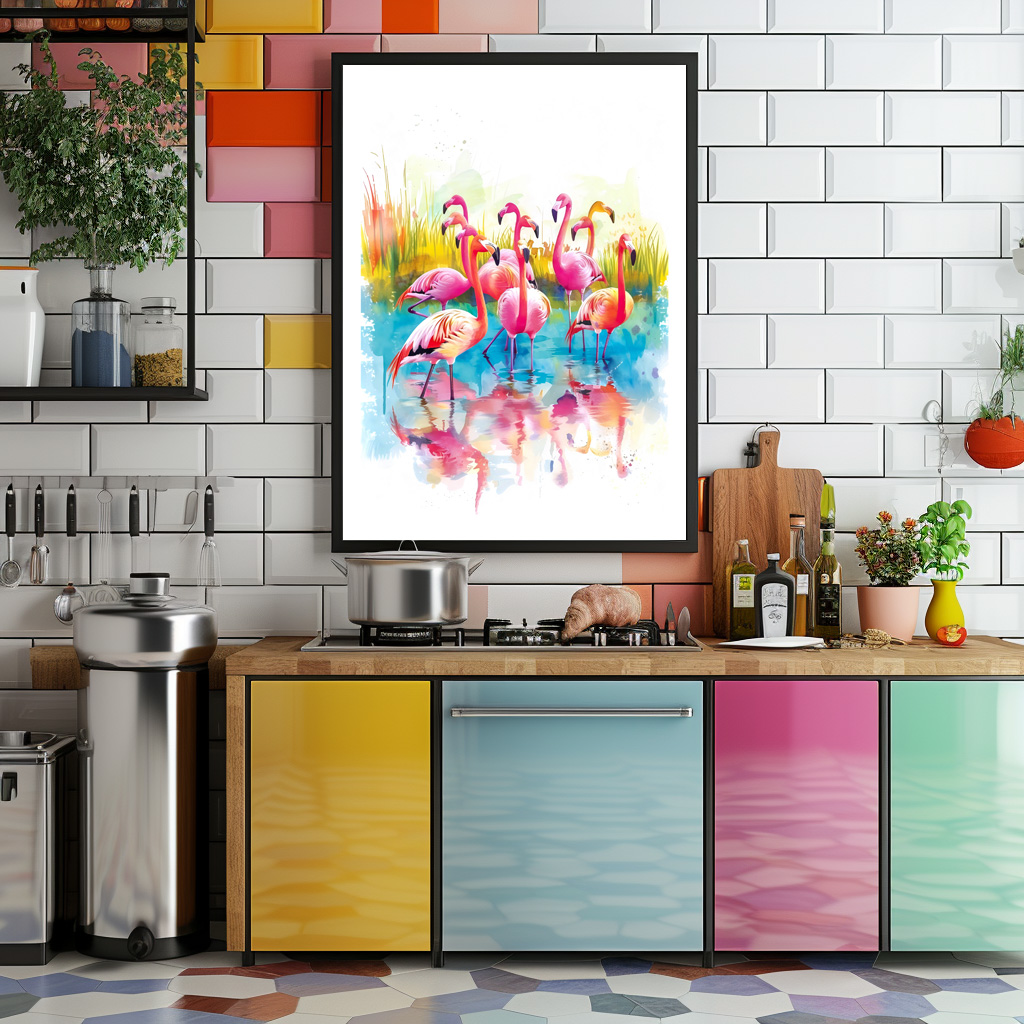 Poster: Watercolor painting of flamingos in a pond