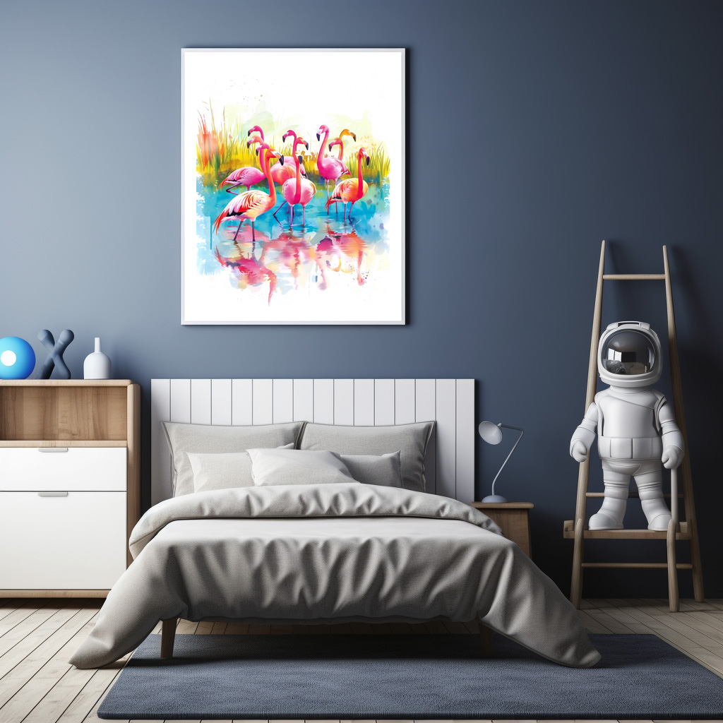 Poster: Watercolor painting of flamingos in a pond – Image 2