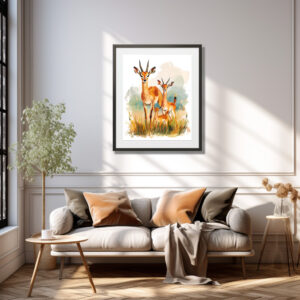 Poster: Watercolor painting of antelope family in the grass