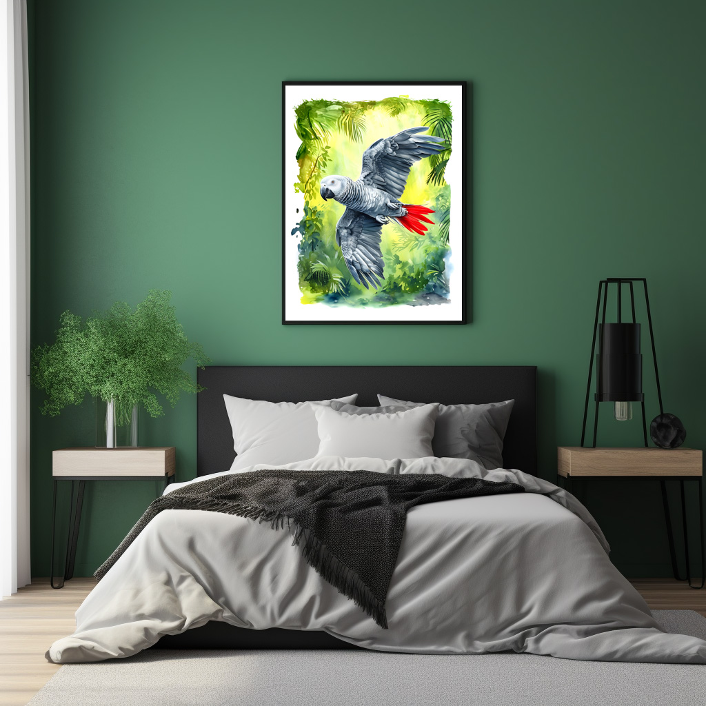 Poster: Watercolor painting of African grey parrot in jungle - immagine 2