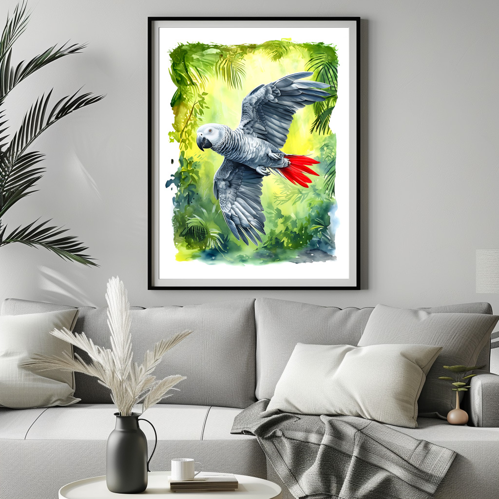 Poster: Watercolor painting of African grey parrot in jungle - immagine 3