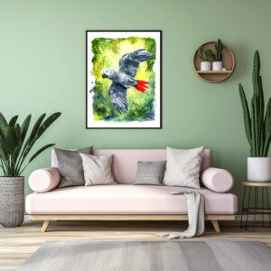 Poster: Watercolor painting of African grey parrot in jungle