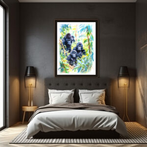 Poster: Watercolor painting of gorilla family in jungle