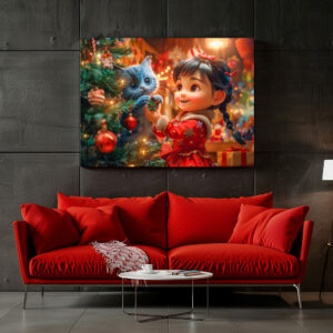 Poster: Girl and Cat Decorate for Christmas