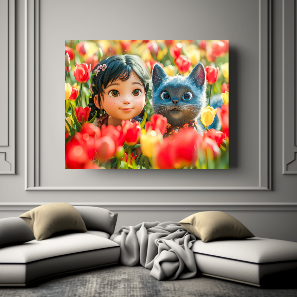 Poster: Spring Fantasy Girl and Cat in Tulips – Bild 2