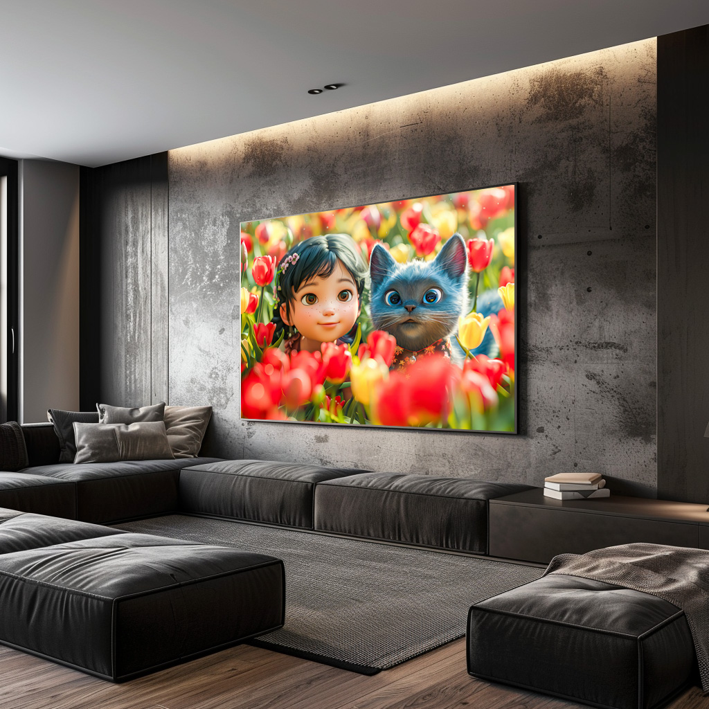 Poster: Spring Fantasy Girl and Cat in Tulips