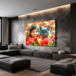 Poster: Spring Fantasy Girl and Cat in Tulips