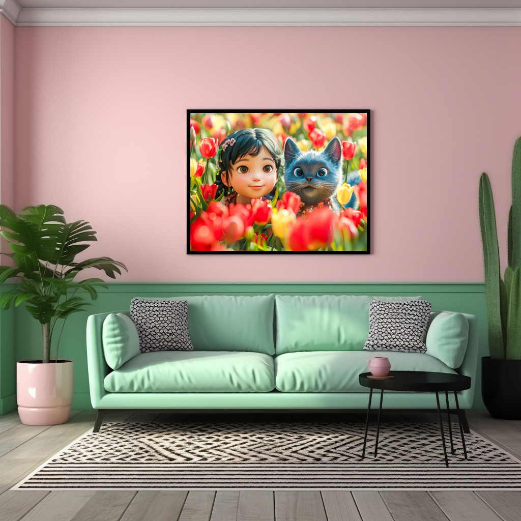 Poster: Spring Fantasy Girl and Cat in Tulips – Bild 3