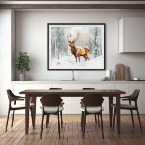 Poster: Deer in winter forest with snow watercolor painting