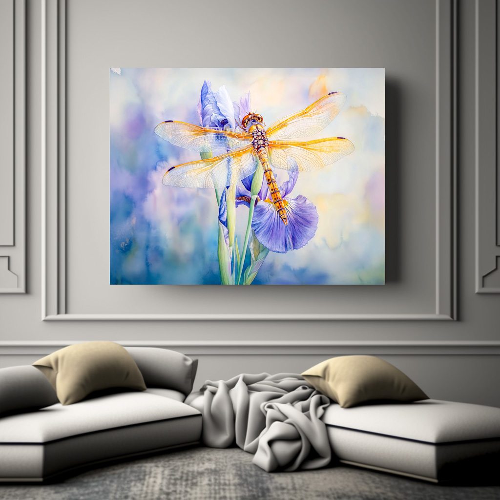 Poster: Dragonfly resting on a lily watercolor painting – Image 2