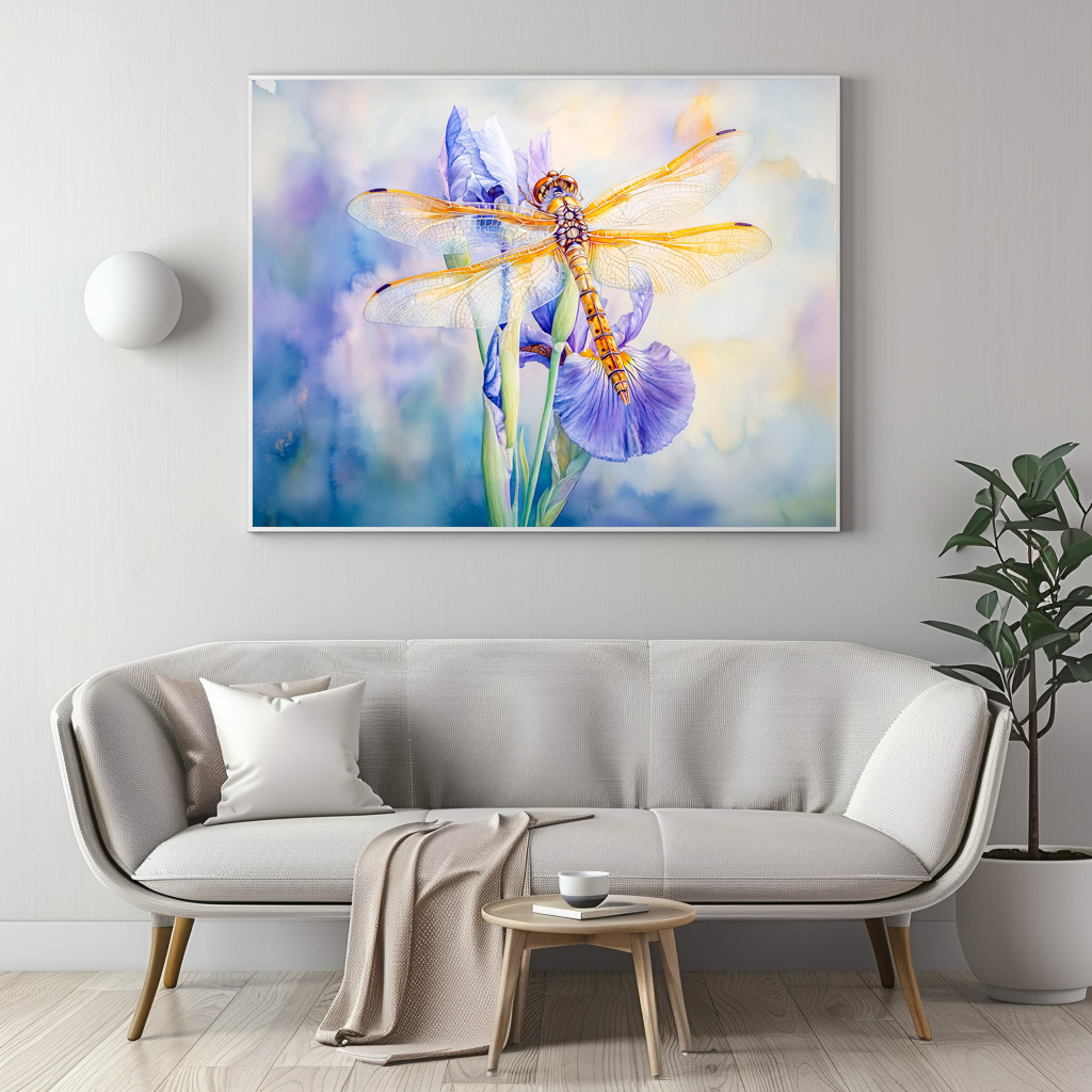 Poster: Dragonfly resting on a lily watercolor painting – Image 3