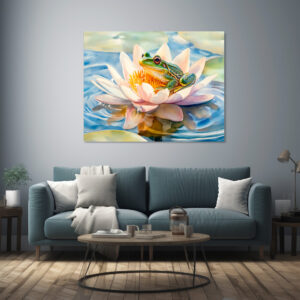 Poster: Frog in water lily blossom watercolor painting