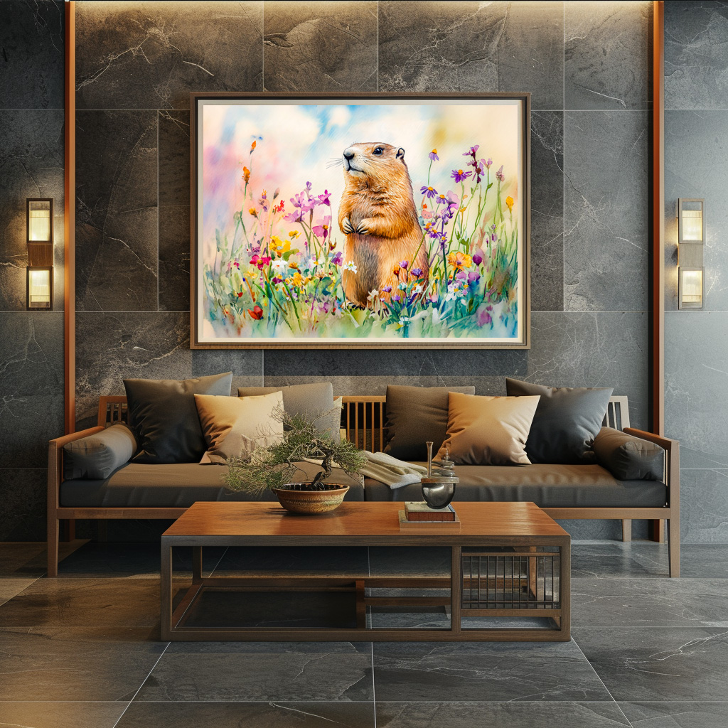 Poster: Marmot on a flower meadow watercolor painting - Imagen 2