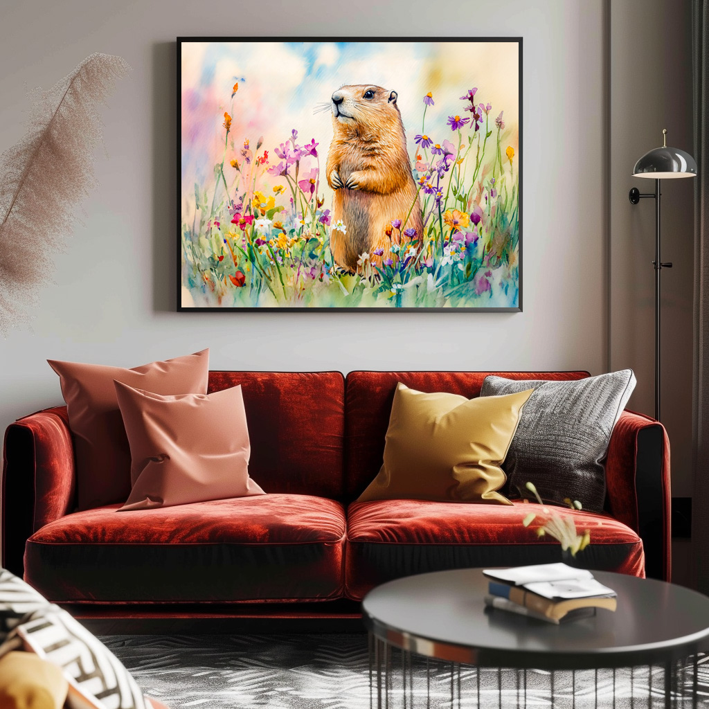 Poster: Marmot on a flower meadow watercolor painting - Imagen 3