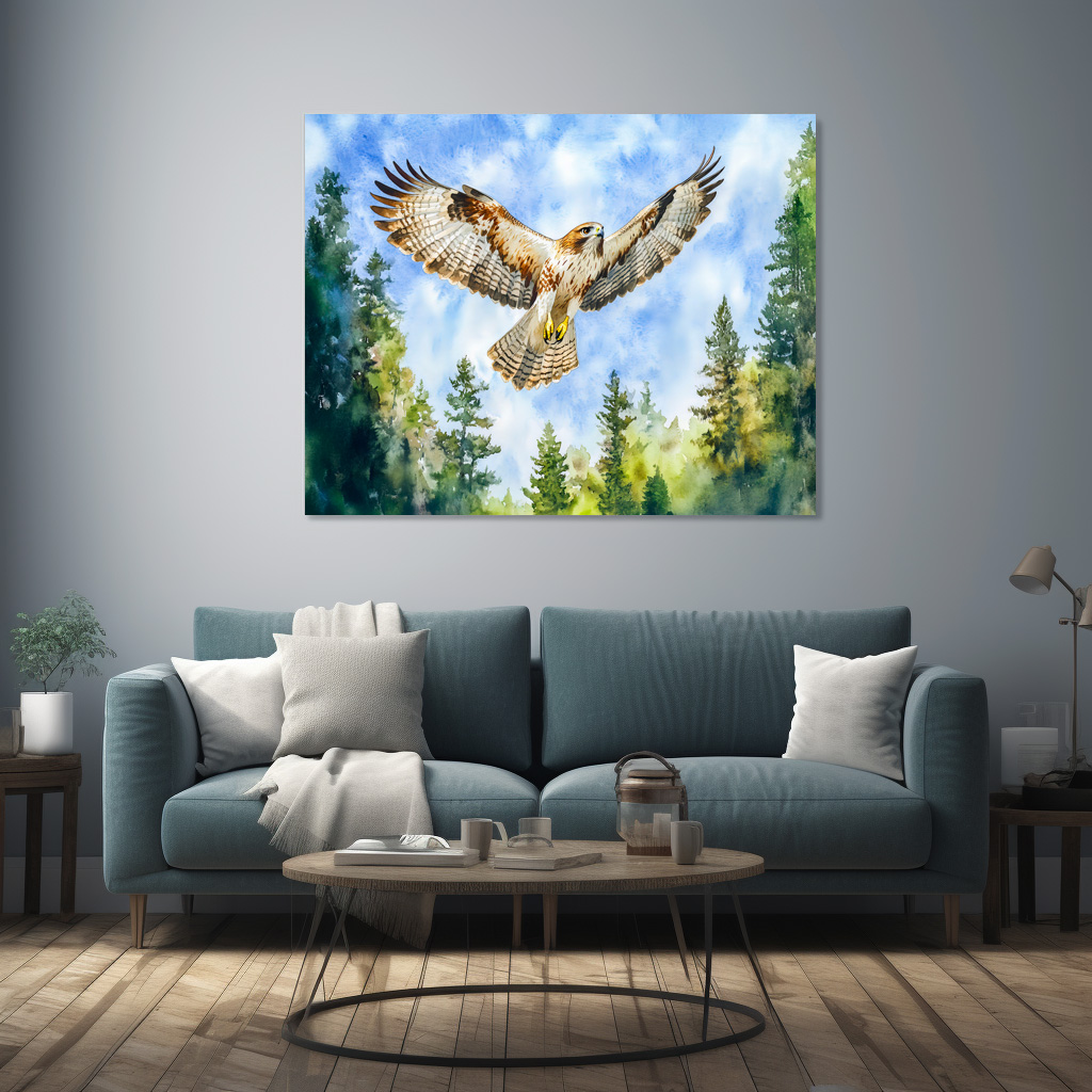 Poster: Buzzard flying over a pine forest watercolor painting - Image 2