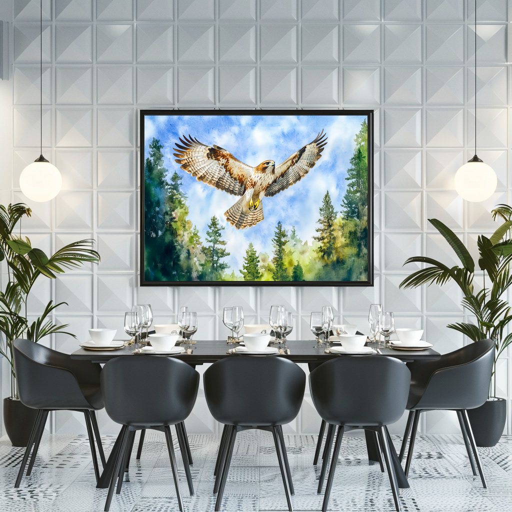 Poster: Buzzard flying over a pine forest watercolor painting - Image 3