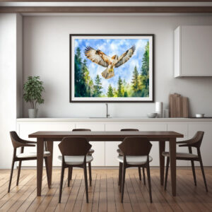 Poster: Buzzard flying over a pine forest watercolor painting