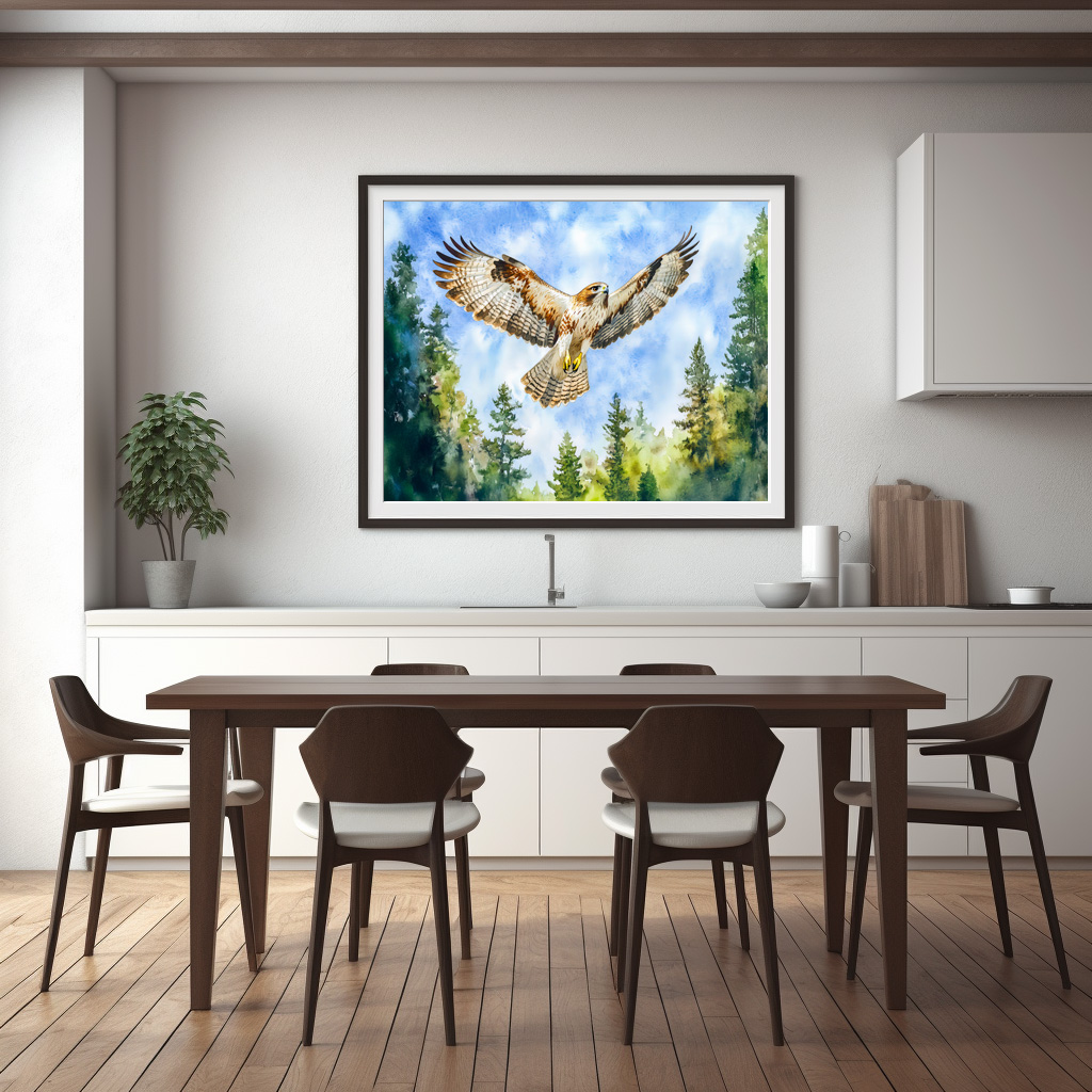 Poster: Buzzard flying over a pine forest watercolor painting