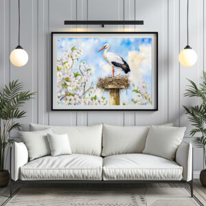 Poster: White stork on a nest in spring watercolor painting