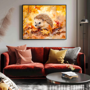 Poster: Hedgehog in autumn leaves watercolor painting