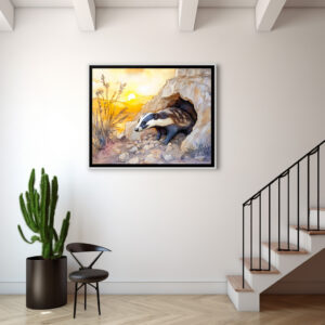 Poster: Badger emerging from a burrow at sunrise watercolor painting