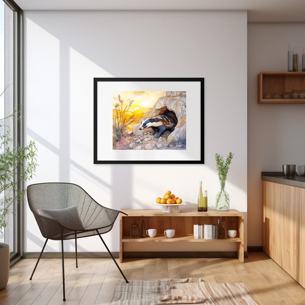 Poster: Badger emerging from a burrow at sunrise watercolor painting - Imagen 2
