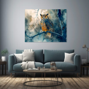 Poster: Owl at night sitting on a branch watercolor painting