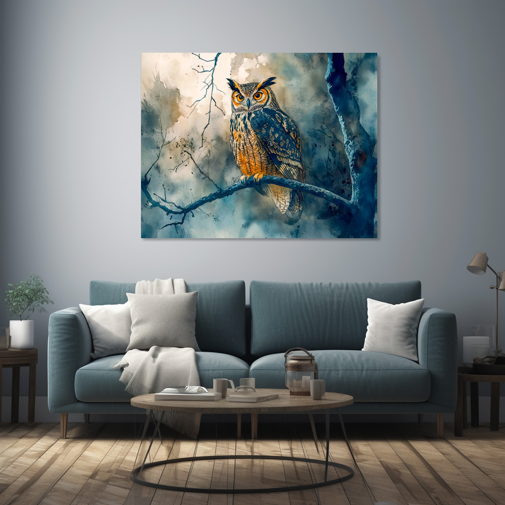 Poster: Owl at night sitting on a branch watercolor painting