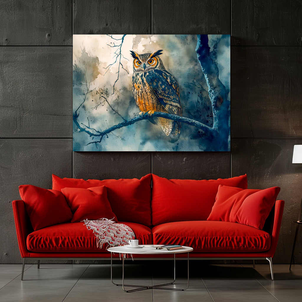 Poster: Owl at night sitting on a branch watercolor painting – Image 2