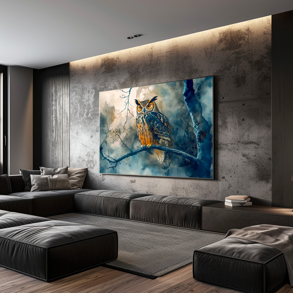 Poster: Owl at night sitting on a branch watercolor painting – Image 3