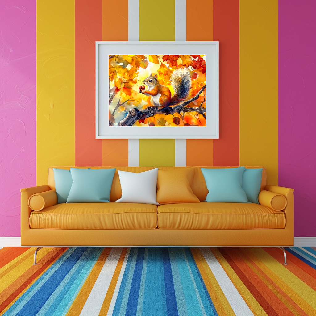 Poster: Squirrel eating a nut in a colorful autumn tree watercolor painting - Image 2