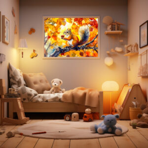 Poster: Squirrel eating a nut in a colorful autumn tree watercolor painting