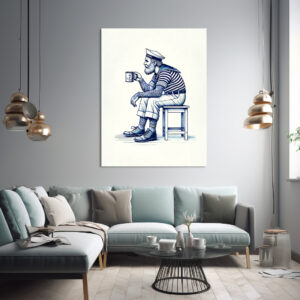 Poster: Vintage Illustration of a Sailor Drinking Coffee from a Tin Mug While Sitting on a Stool