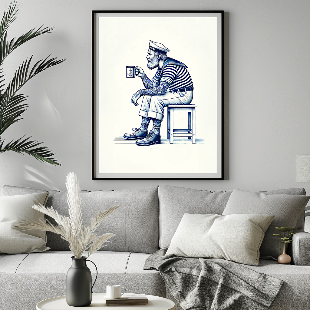Poster: Vintage Illustration of a Sailor Drinking Coffee from a Tin Mug While Sitting on a Stool - Imagen 2