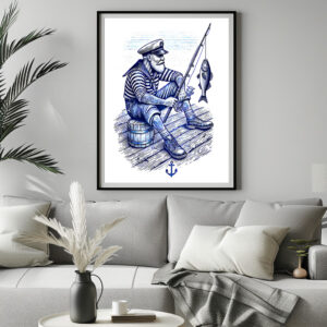 Poster: Vintage Illustration of a Nostalgic Sailor Fishing