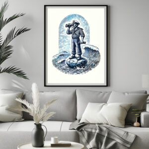Poster: Vintage Illustration of a Sailor Standing on a Rock Looking Through Binoculars